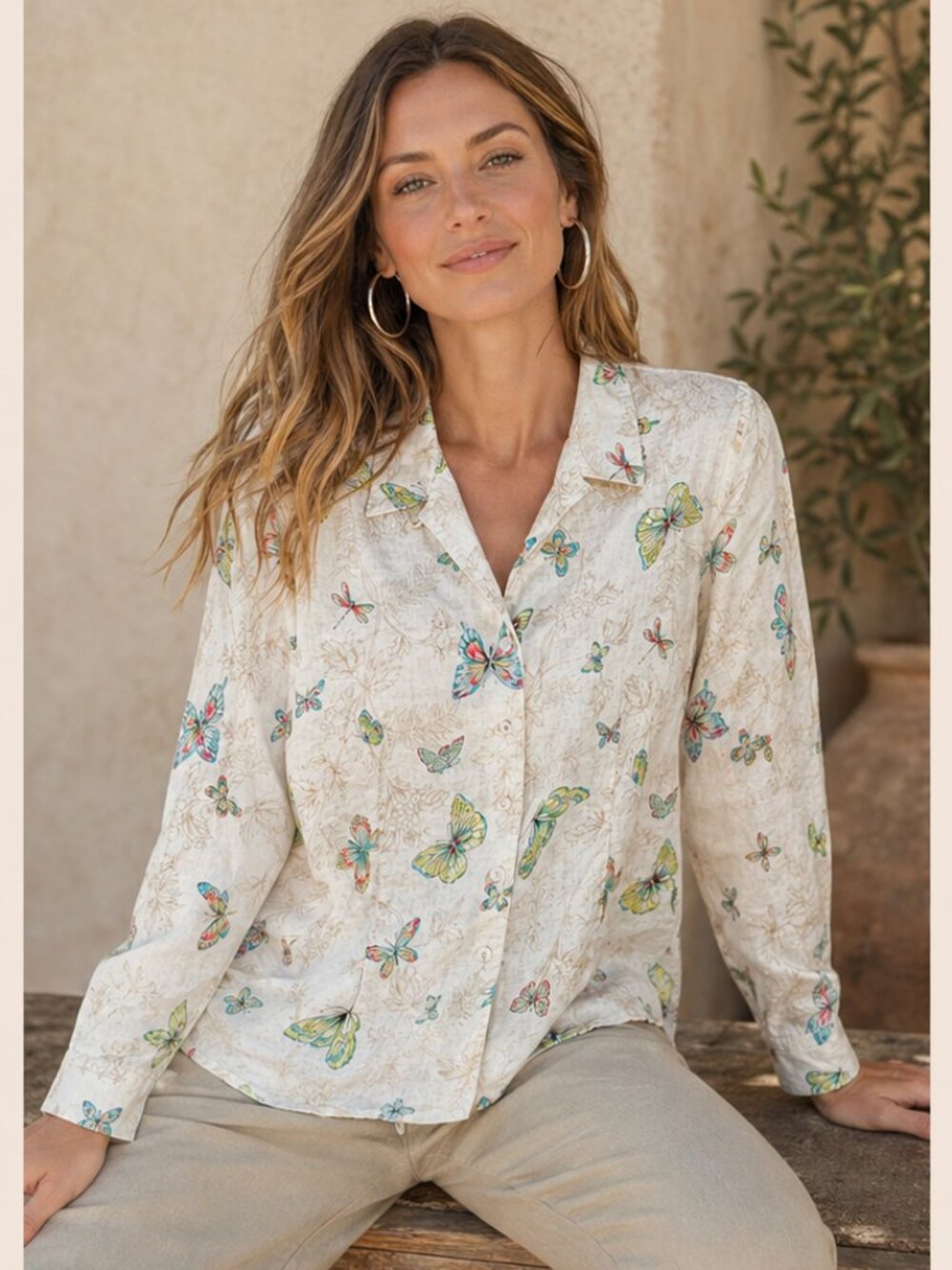 Talbots Petites Button Up Shirt 100% Linen Womens Sz 10 Long Sleeve Butterflies